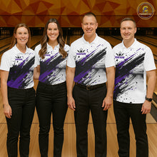 Load image into Gallery viewer, Black And Purple Splatter Paint Bowling Ball &amp; Pins Shirts Custom Team Bowling Attire For Men NYN3448