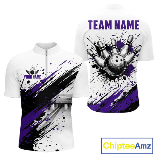 Black and purple splatter paint bowling ball and pins shirt for men custom bowling attire