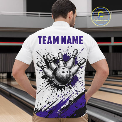 Black And Purple Splatter Paint Bowling Ball & Pins Shirts Custom Team Bowling Attire For Men NYN3448