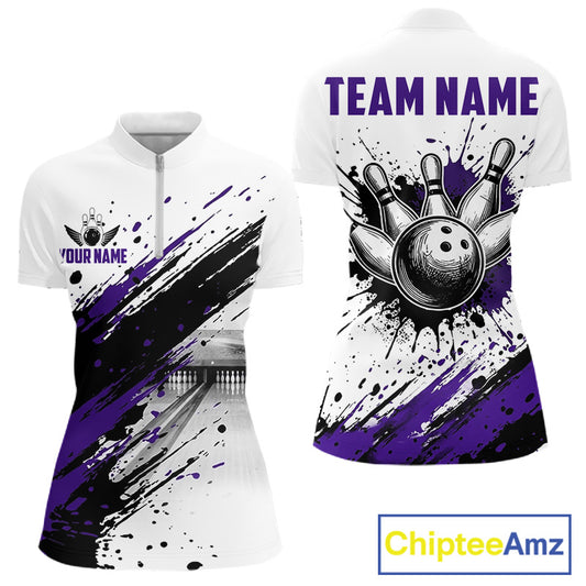 Black and purple splatter paint bowling ball and pins shirt for women custom bowling attire