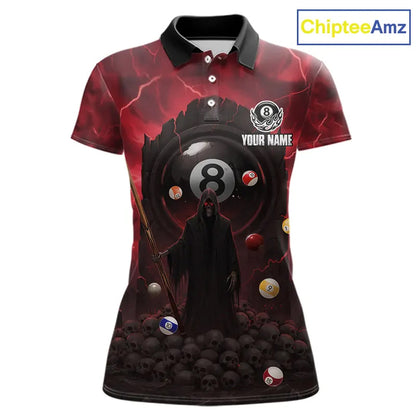 Red Multi-Skull 8 Ball Pool Women Polo & 1/4-Zip Team Shirt Custom Billiard Ball & Cue Gifts NYN2435