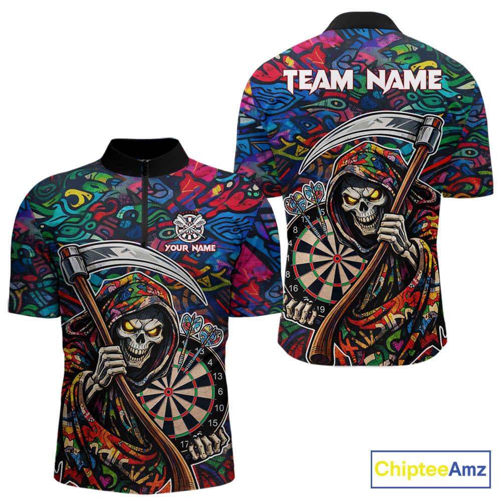 Graffiti Grim Reaper Dartboard & Arrow Darts Quarter-Zip Shirt For Men Custom Funny Dart Team Shirt NYN2658
