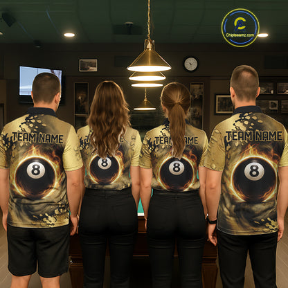 Custom Black And Gold Splatter Billiard Pool Shirts For Men Flame 8 Ball Billiard Team Attire NYN3018