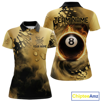 Custom Black And Gold Splatter Billiard Pool Shirts For Women Flame 8 Ball Billiard Team Attire NYN3018