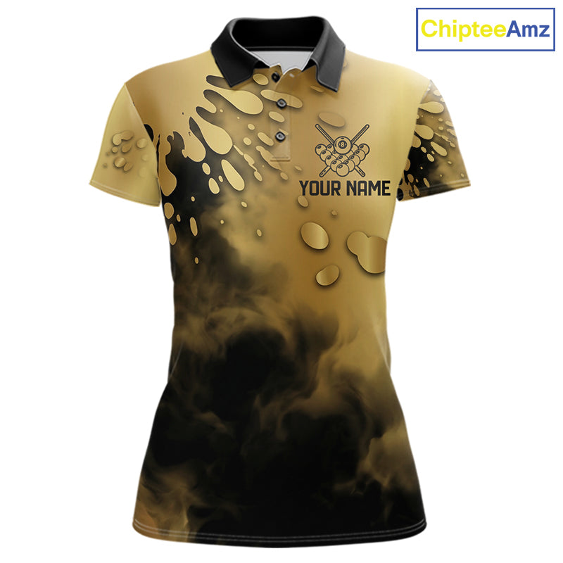 Custom Black And Gold Splatter Billiard Pool Shirts For Women Flame 8 Ball Billiard Team Attire NYN3018