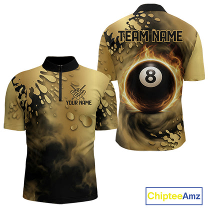 Custom Black And Gold Splatter Billiard Pool Shirts For Men Flame 8 Ball Billiard Team Attire NYN3018