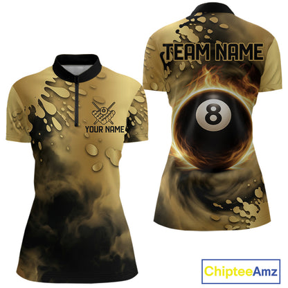 Custom Black And Gold Splatter Billiard Pool Shirts For Women Flame 8 Ball Billiard Team Attire NYN3018