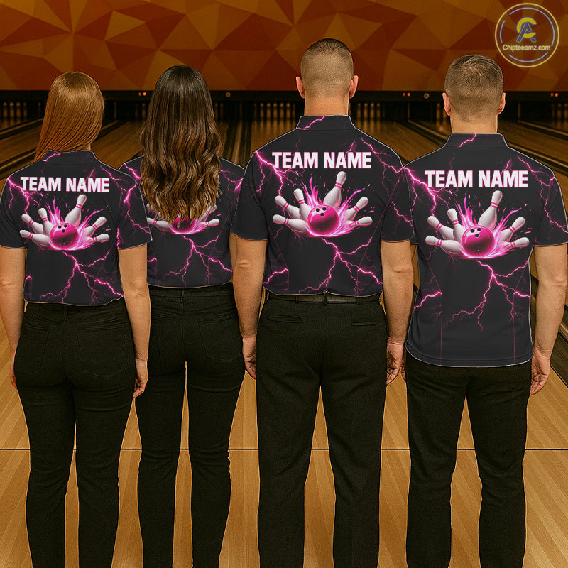 Thunder Lightning Women Bowling Shirt Custom Pink Splatter Bowling Ball & Pins Team Shirts NYN3192