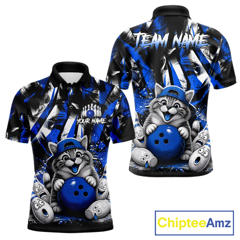 Funny Cat Blue & White Grunge Bowling Jersey For Men Custom Bowling Tournament Bowling Team Shirts NYN3198