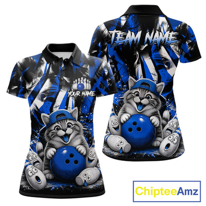 Funny Cat Blue & White Grunge Bowling Jersey For Women Custom Bowling Tournament Bowling Team Shirts NYN3198