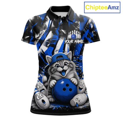 Funny Cat Blue & White Grunge Bowling Jersey For Women Custom Bowling Tournament Bowling Team Shirts NYN3198