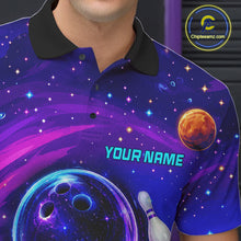 Load image into Gallery viewer, Man wearing purple blue abstract bowling shirt custom league bowling apparel