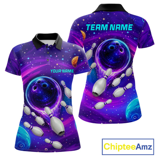 Women's purple blue abstract bowling polo shirt custom bowling team jersey mockup