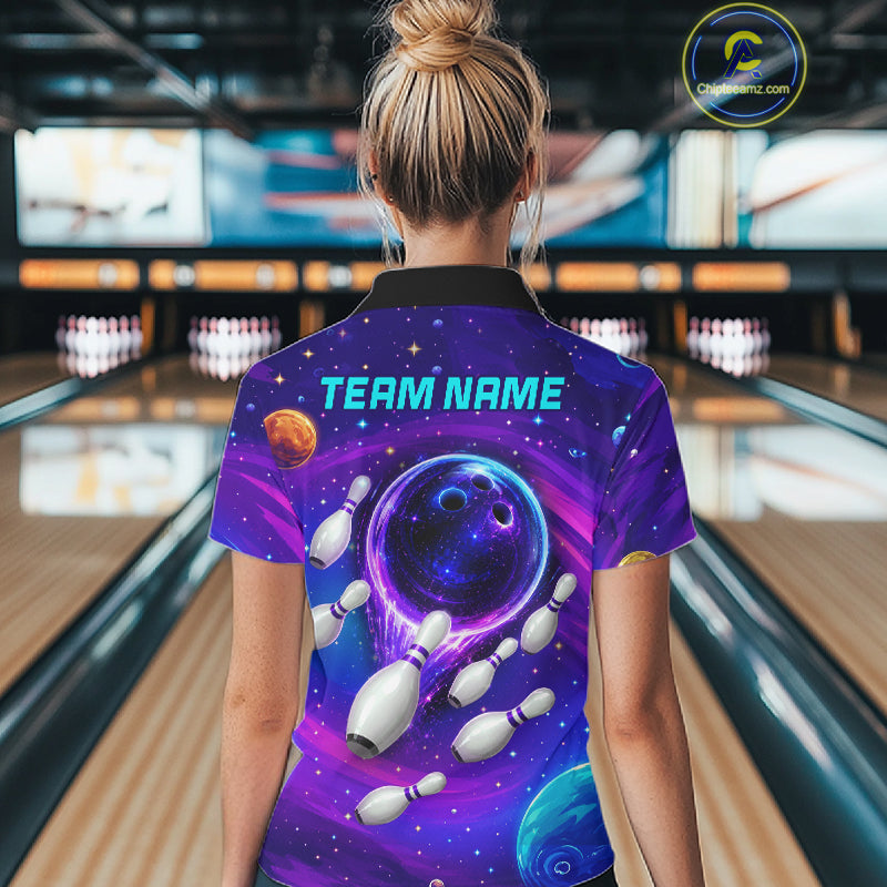 Woman wearing purple blue abstract bowling shirt custom league bowling apparel