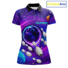 Load image into Gallery viewer, Women's purple blue abstract bowling polo shirt custom bowling team jersey mockup