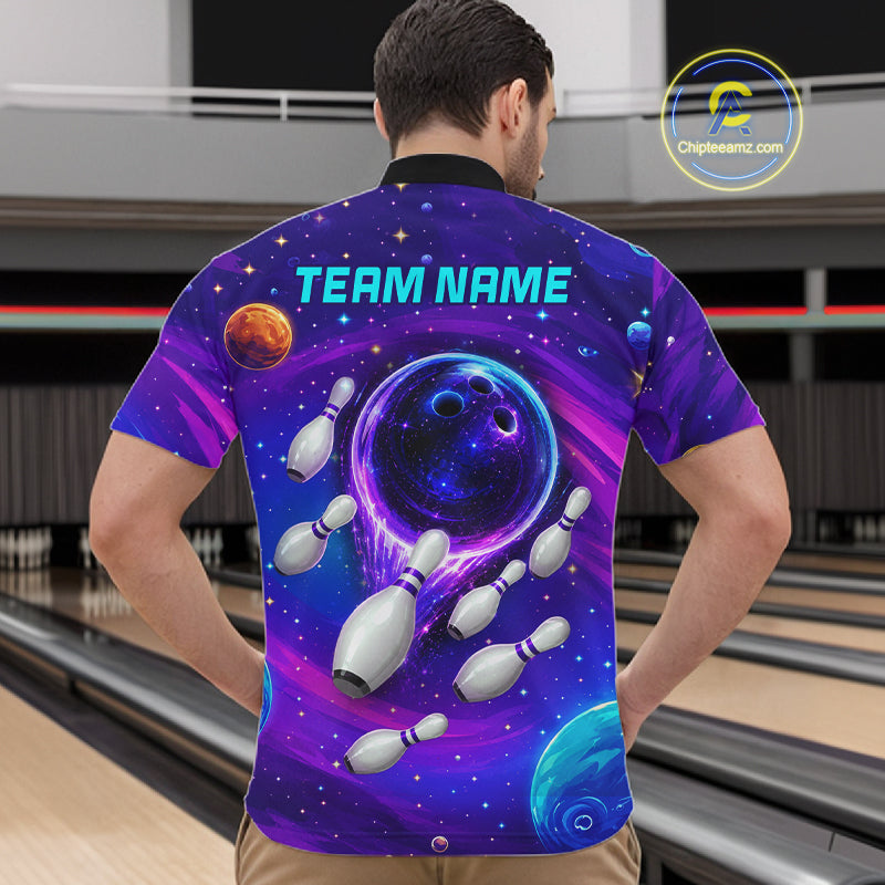 Man wearing purple blue abstract bowling shirt custom league bowling apparel