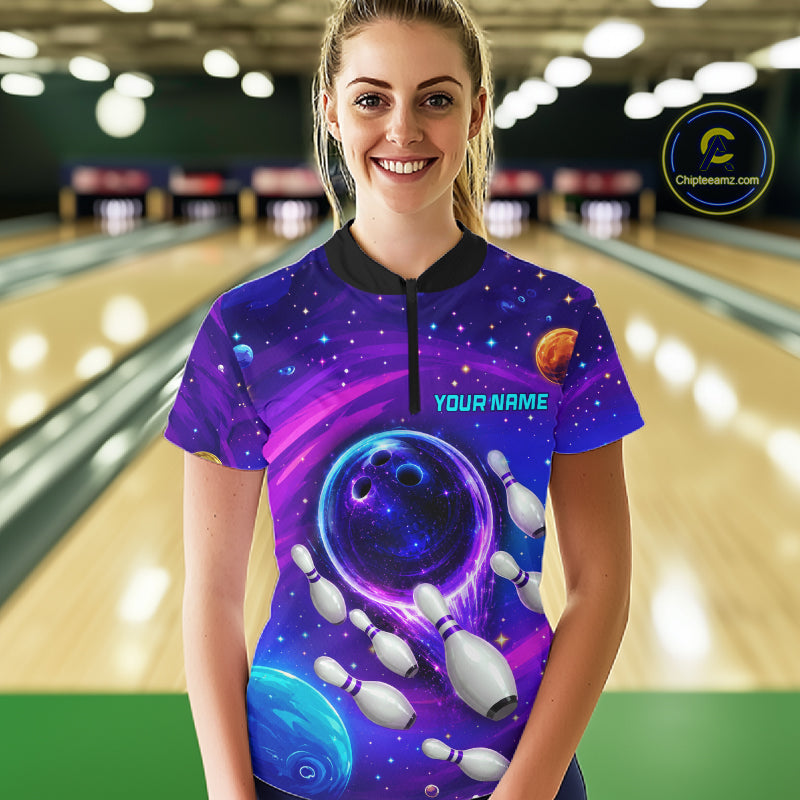 Woman wearing purple blue abstract bowling shirt custom league bowling apparel