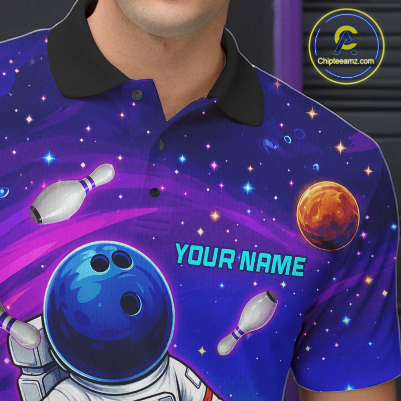 Man wearing funny astronaut galaxy bowling shirt custom bowling apparel