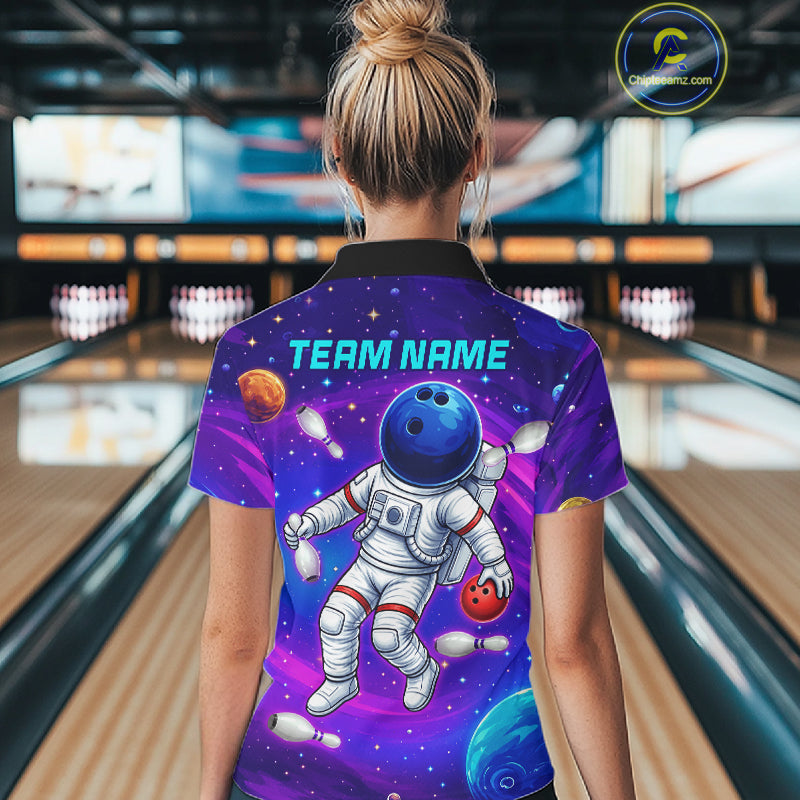 Woman wearing funny astronaut galaxy bowling shirt custom bowling apparel