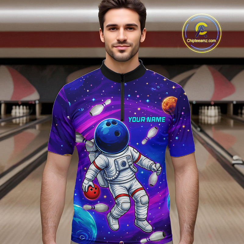 Man wearing funny astronaut galaxy bowling shirt custom bowling apparel