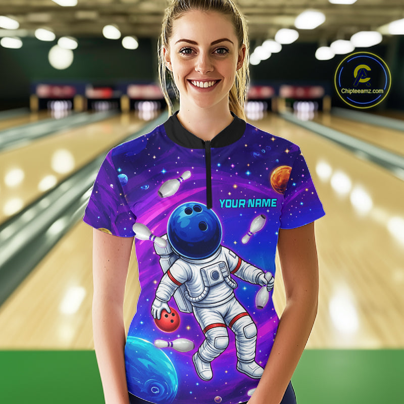 Woman wearing funny astronaut galaxy bowling shirt custom bowling apparel
