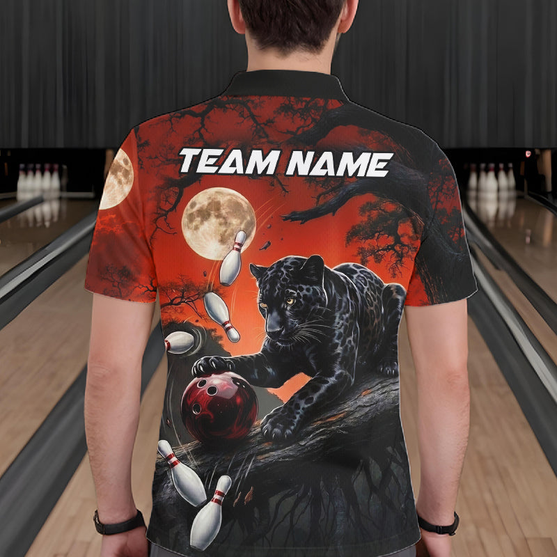 Man wearing black red panther bowling shirt custom bowling apparel