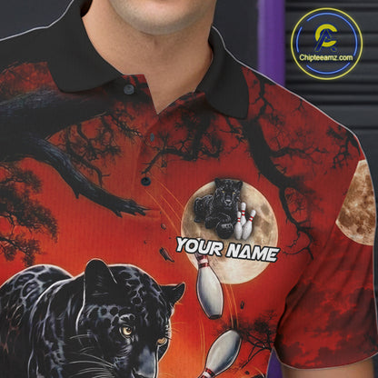 Man wearing black red panther bowling shirt custom bowling apparel