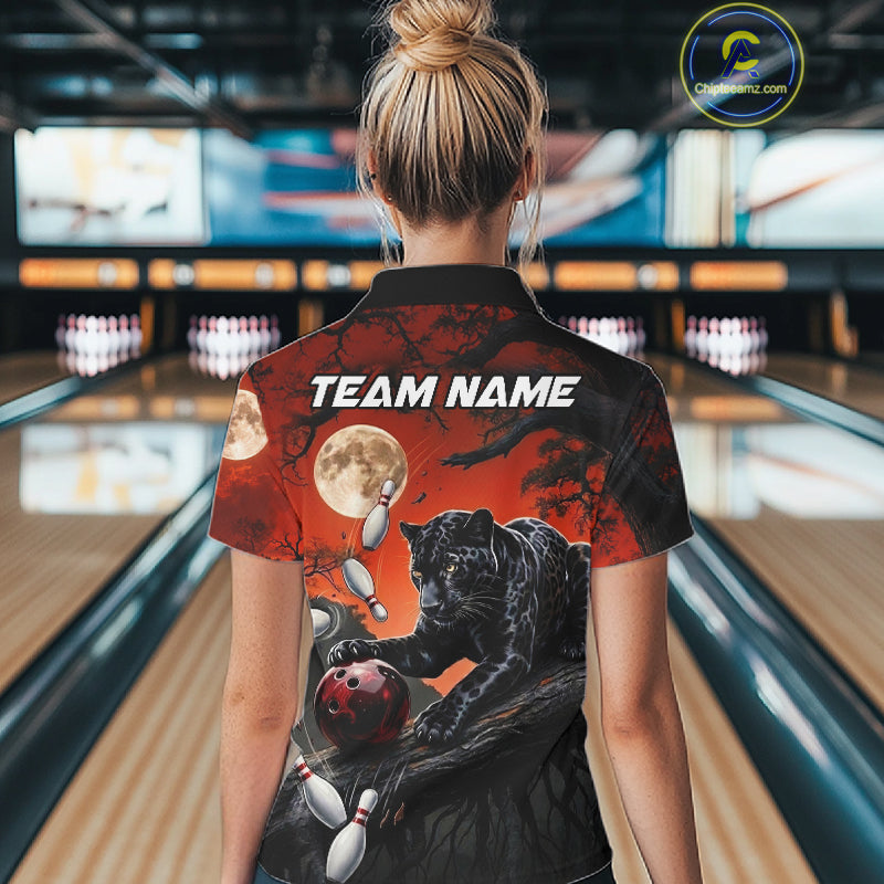 Womens Black Funny Panther Bowling Shirts Custom Black & Red Bowling Team Polo 1/4-Zip Jersey NYN3459