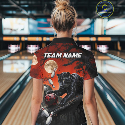Womens Black Funny Panther Bowling Shirts Custom Black & Red Bowling Team Polo 1/4-Zip Jersey NYN3459