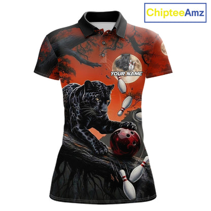 Women's black red panther bowling polo shirt custom bowling team jersey mockup
