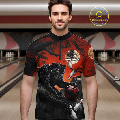 Man wearing black red panther bowling shirt custom bowling apparel