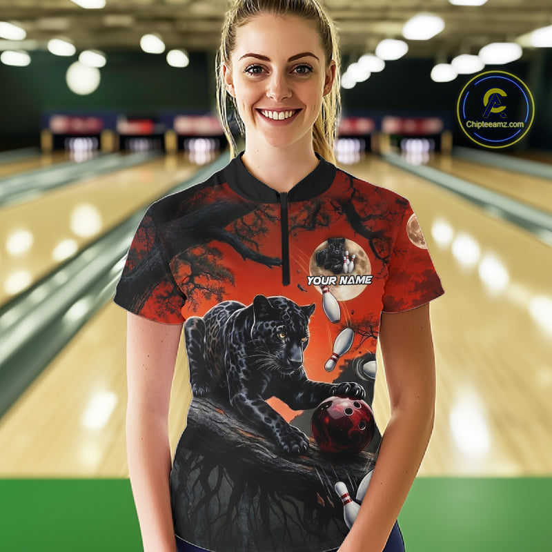 Woman wearing black red panther bowling shirt custom bowling apparel