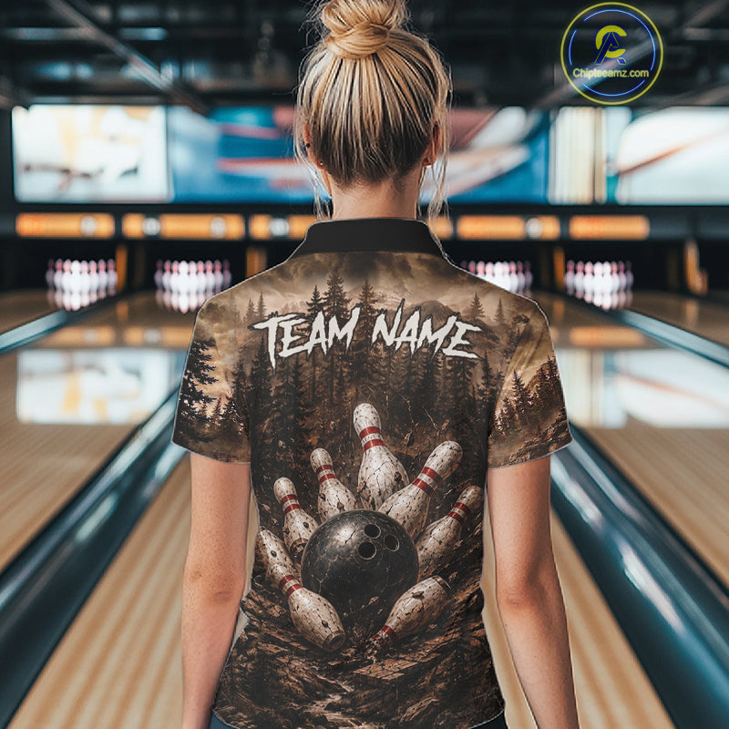 Woman wearing funny deer grunge forest bowling shirt custom bowling apparel