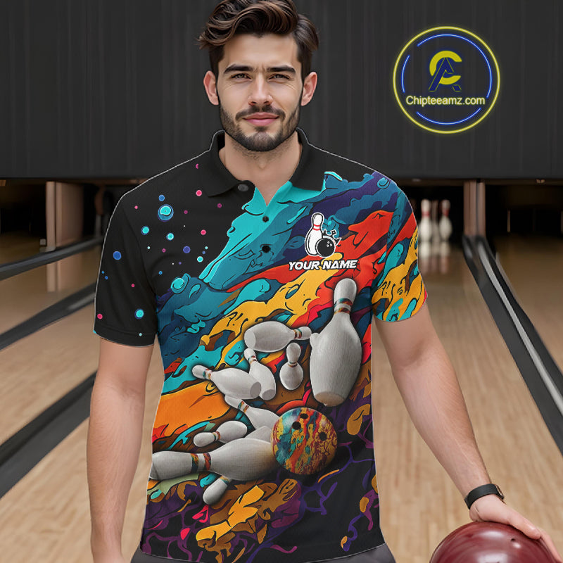 Man wearing colorful bowling shirt custom bowling apparel