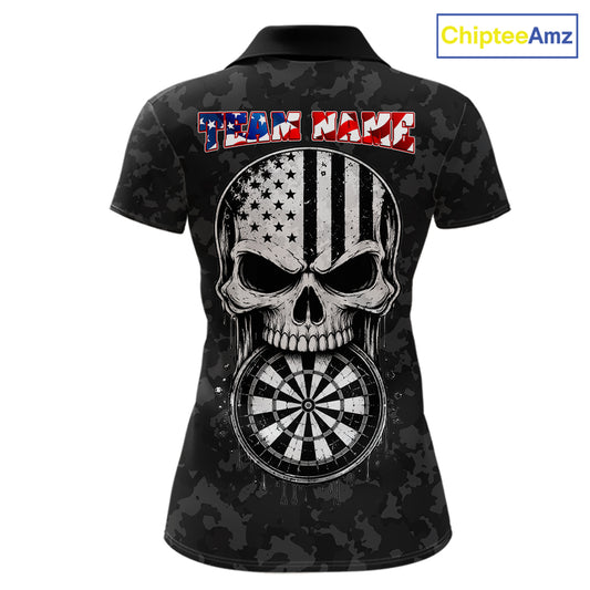 Patriotic USA Flag Skull Eagle Women's Quarter-Zip Darts Shirt Mockup, Black Custom Dart Tournament Jersey