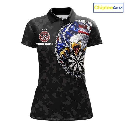 Patriotic American Flag Skull Eagle Camo Women's Darts Polo Shirt Mockup, Black Custom USA Dart Team Jersey, Personalized Tournament Apparel