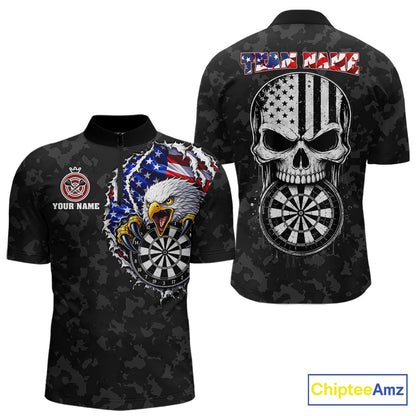 Patriotic USA Flag Skull Eagle Men's Quarter-Zip Darts Jersey Mockup, Black Personalized League Shirt