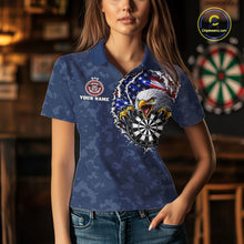 Load image into Gallery viewer, Female model wearing Patriotic Skull Eagle Blue Women's Darts Polo, Personalized USA League Apparel