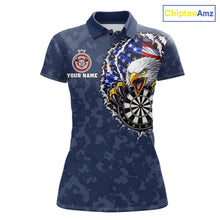 Load image into Gallery viewer, Patriotic American Flag Skull Eagle Camo Women's Darts Polo Shirt Mockup, Blue Custom USA Dart Team Jersey, Personalized Tournament Apparel
