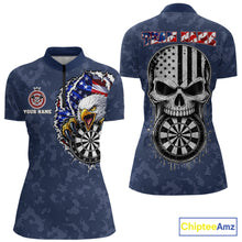 Load image into Gallery viewer, Patriotic USA Flag Skull Eagle Women's Quarter-Zip Darts Shirt Mockup, Blue Custom Dart Tournament Jersey