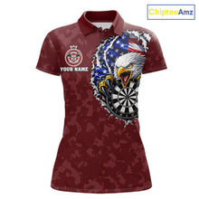 Load image into Gallery viewer, Patriotic American Flag Skull Eagle Camo Women's Darts Polo Shirt Mockup, Red Custom USA Dart Team Jersey, Personalized Tournament Apparel