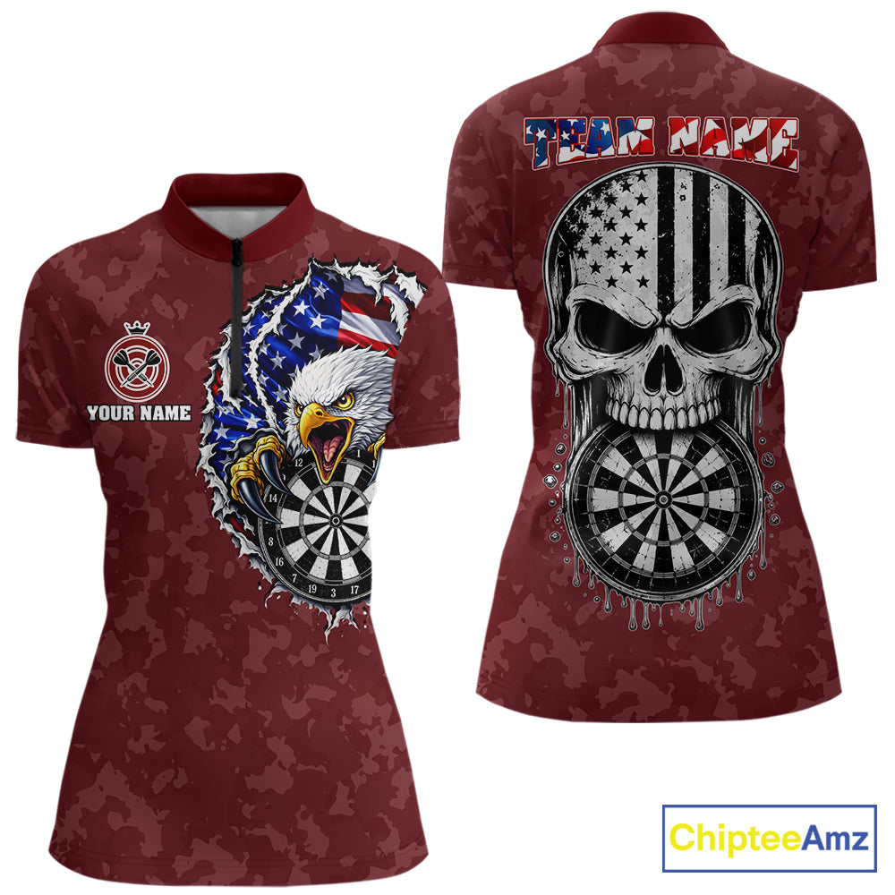 Patriotic USA Flag Skull Eagle Women's Quarter-Zip Darts Shirt Mockup, Red Custom Dart Tournament Jersey