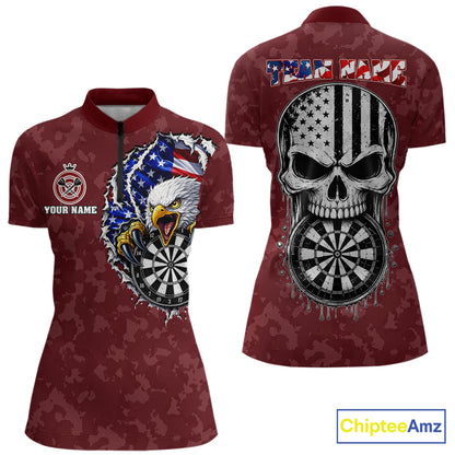 Patriotic USA Flag Skull Eagle Women's Quarter-Zip Darts Shirt Mockup, Red Custom Dart Tournament Jersey