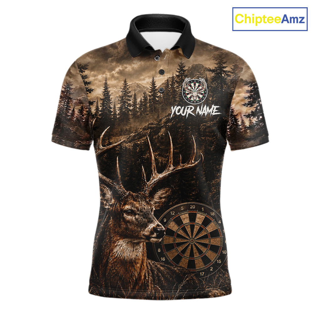 Funny Deer Men's Darts Polo Shirt Mockup, Brown Forest Dart League Jersey, Personalized Tournament Uniform