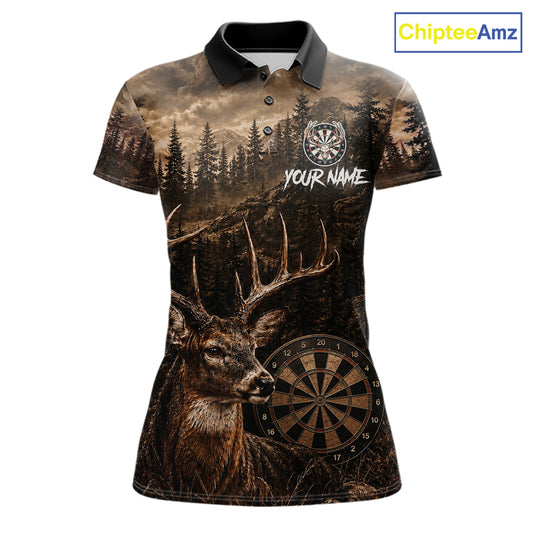 Funny Deer Women's Darts Polo Shirt Mockup, Brown Grunge Forest Dart Tournament Jersey, Personalized Hunting Dart Team Apparel