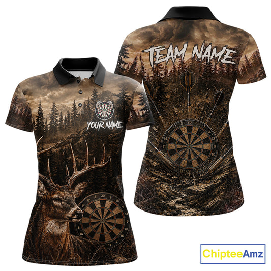 Funny Deer Women's Darts Polo Shirt Mockup, Brown Grunge Forest Dart Tournament Jersey, Personalized Hunting Dart Team Apparel
