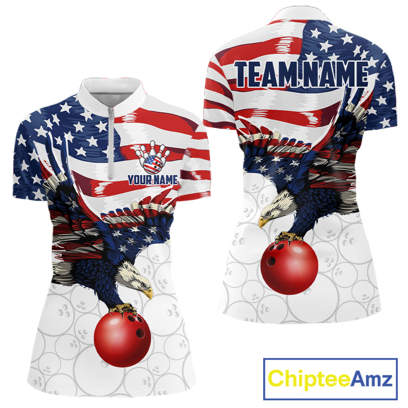 Red, White And Blue American Flag Eagle Bowling Shirts For Women Custom Patriot Bowling Team Jersey NYN4026