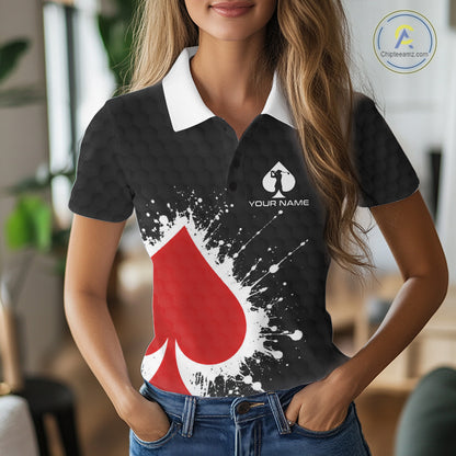 Red Spades Poker Womens Golf Polo Shirt Custom Name Splatter Poker Golf Top For Team, Golf Gift NYN4034