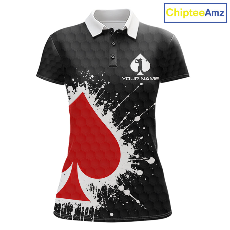 Red Spades Poker Womens Golf Polo Shirt Custom Name Splatter Poker Golf Top For Team, Golf Gift NYN4034