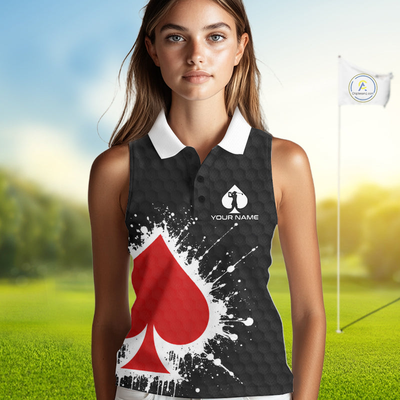 Red Spades Poker Womens Golf Sleeveless Polo Shirt Custom Name Splatter Poker Golf Top For Team, Golf Gift NYN4034